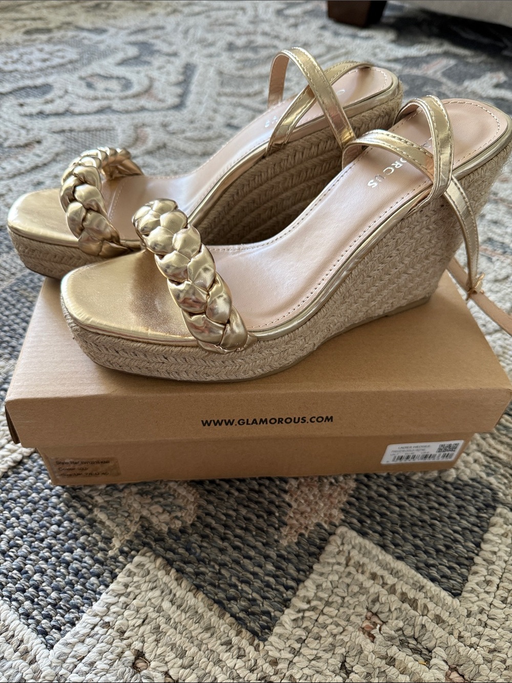 Glamorous Metallic Gold Braided Strap Espadrille Wedges